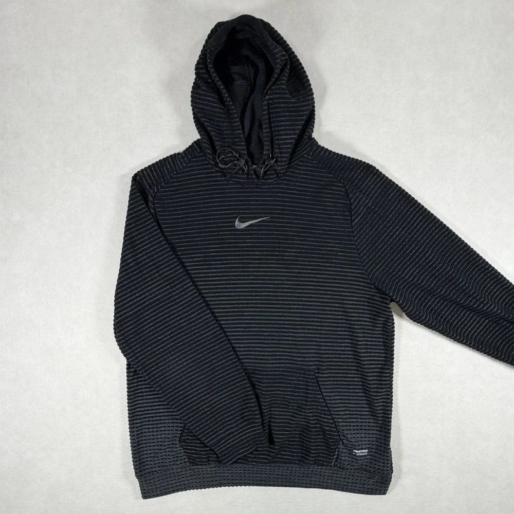 Nike Pro Therma-FIT ADV Mens Medium Black Stripe Waffle Pullover Training Hoodie